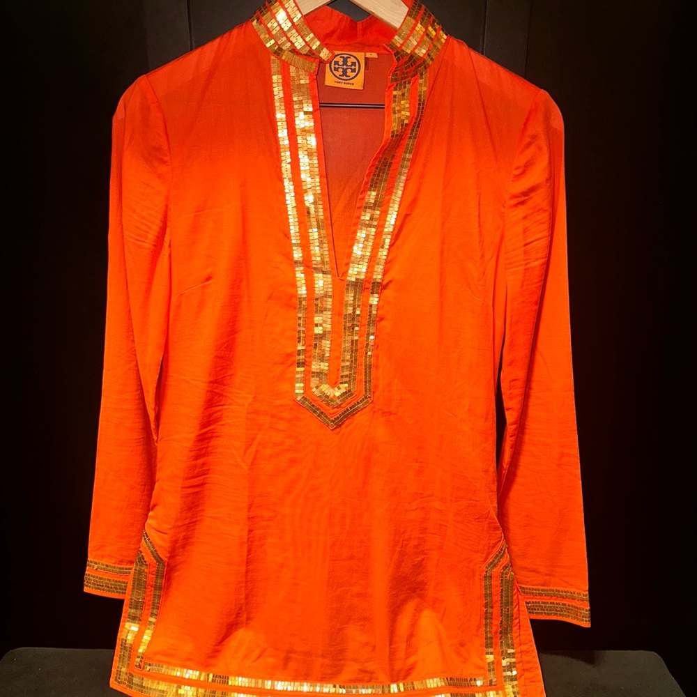 Tory Burch Vibrant Orange Tunic with Gold Accents